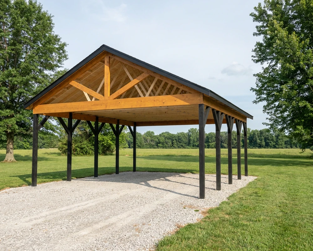 24×28 Two-Car Carport — a 24×28 2-car open post-frame carport on 10 embedded posts
