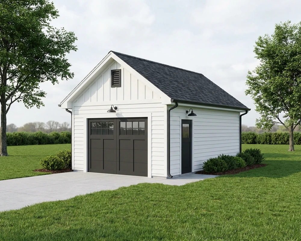 The Alcott — a 14×24 1-car detached garage, Gable style, with one 9′ carriage door