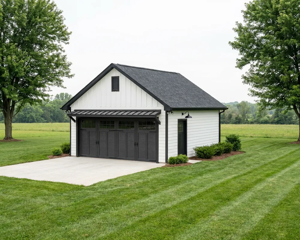 The Bexley — a 20×24 2-car detached garage, Gable style, with one 16′ carriage door