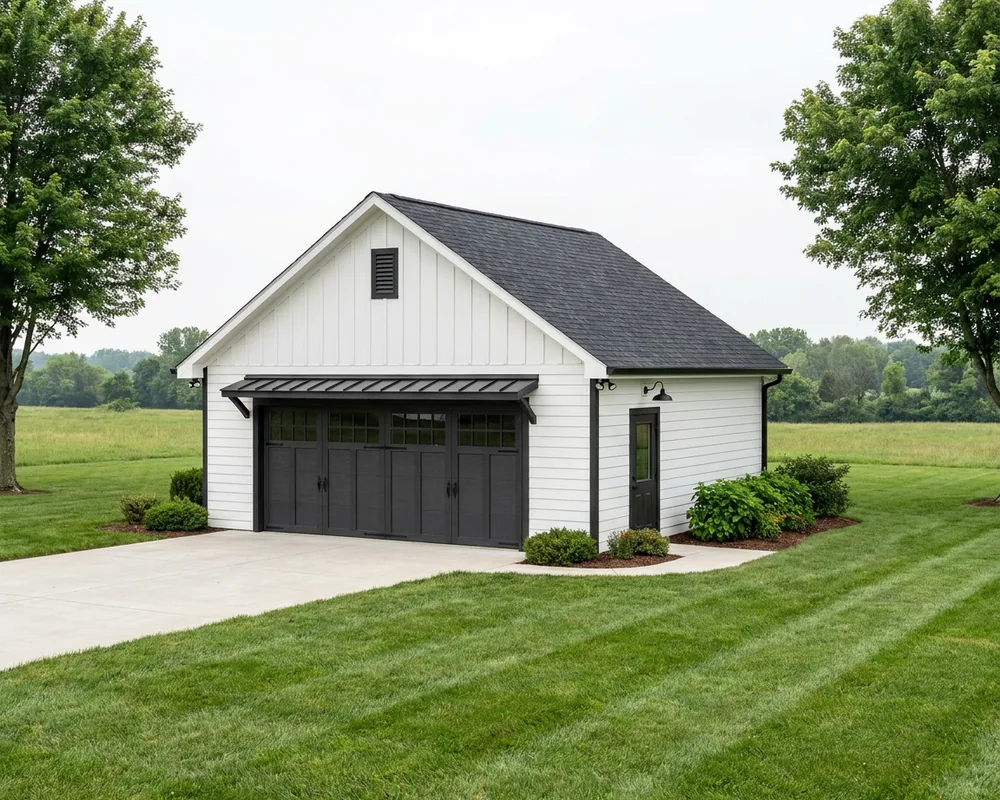 The Caldwell — a 24×24 2-car detached garage, Gable style, with one 16′ carriage door