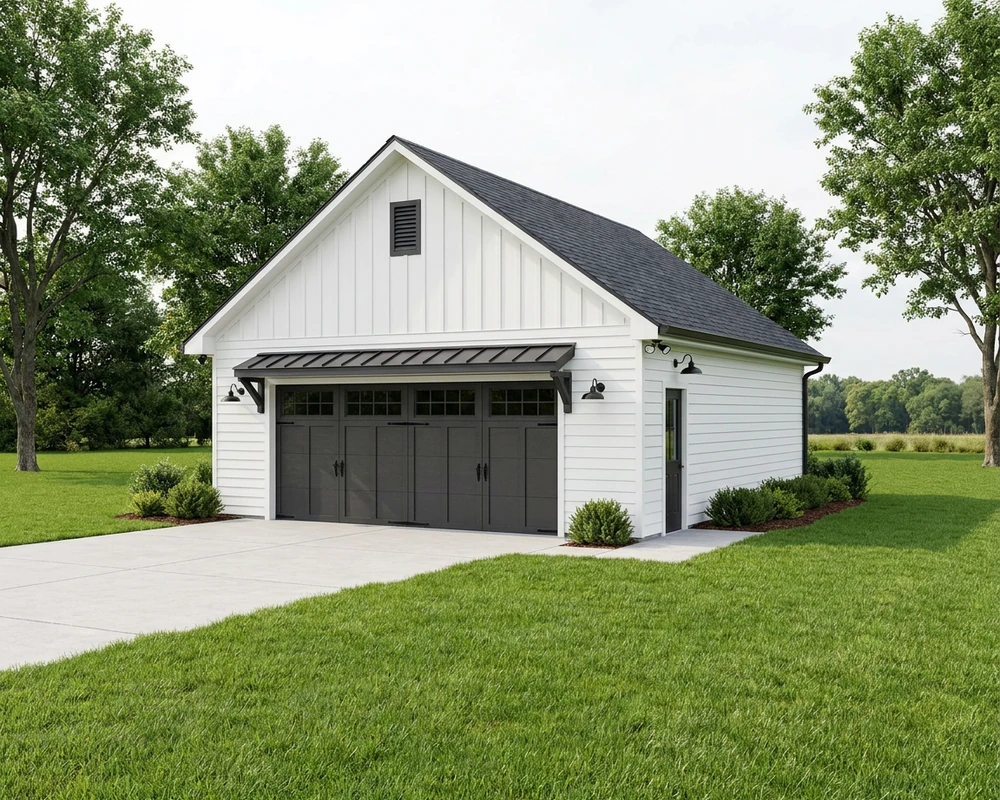 The Denby — a 24×30 2-car detached garage, Gable style, with one 16′ carriage door
