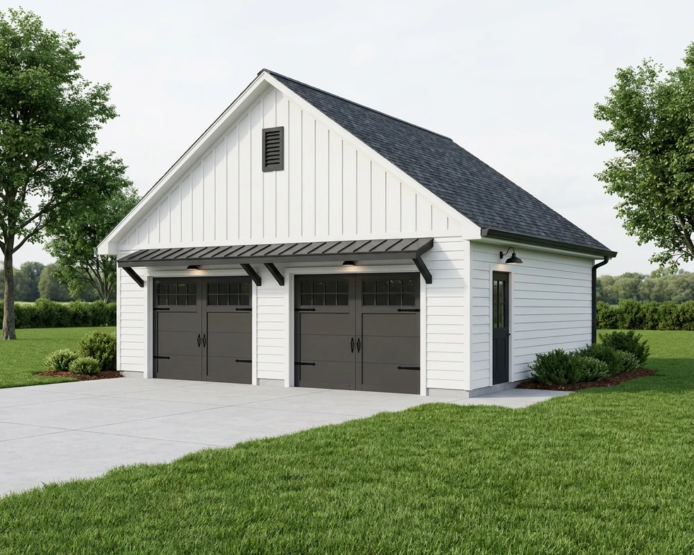 The Ellison — a 28×26 2-car detached garage, Gable style, with two 9′ carriage doors
