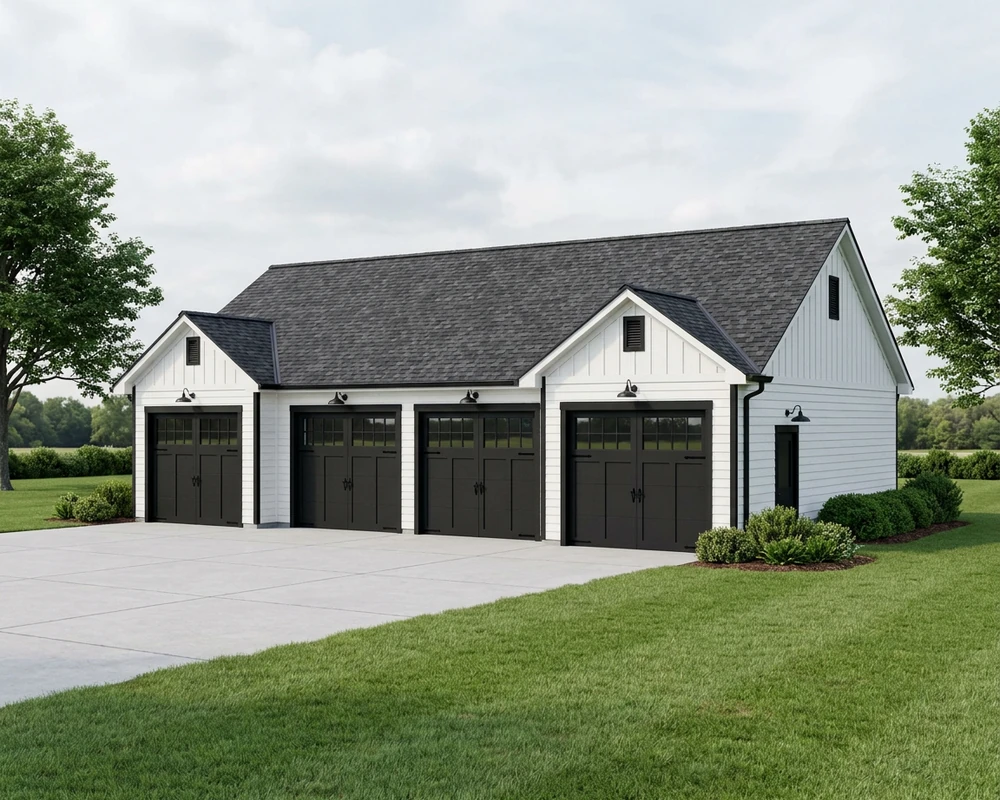 The Whitmore — a 48×28 4-car detached garage, Craftsman style, with four 9′ carriage doors