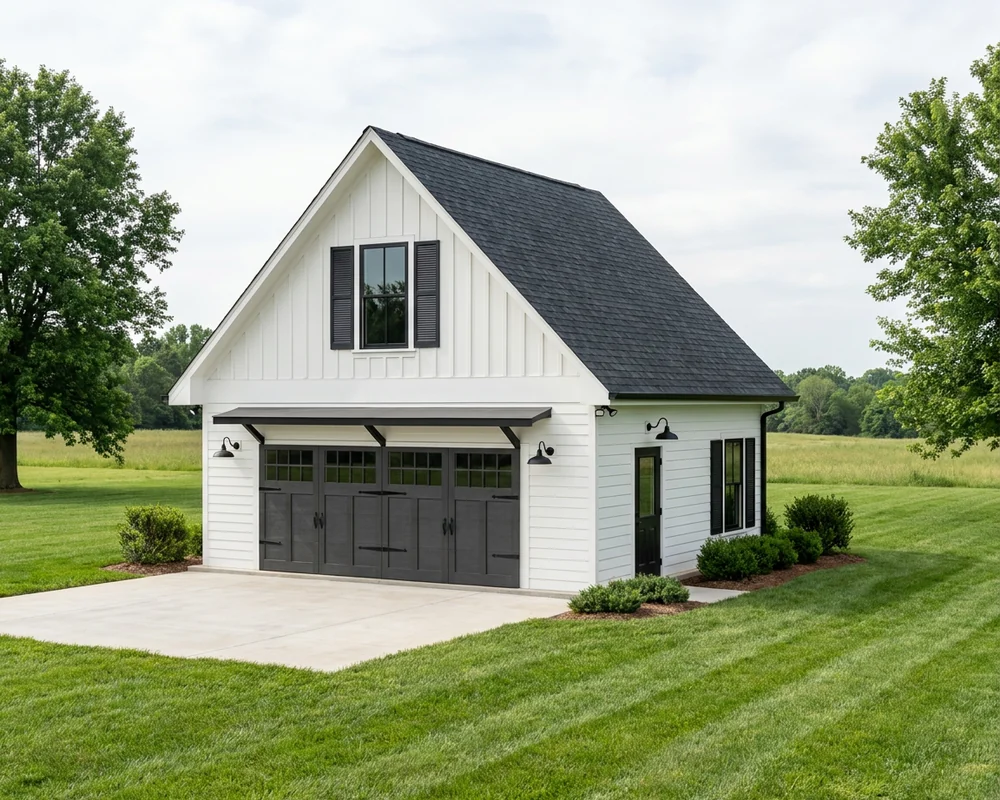 The Monroe — a 24×24 2-car detached garage, Gable style, with one 16′ overhead door