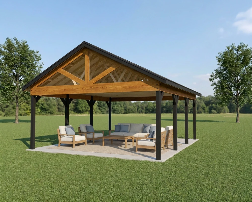 20×24 backyard pavilion with black posts, a stained timber gable and a lounge set on a concrete patio