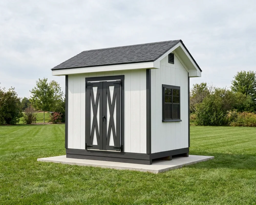 An 8×10 gable shed with a 4′ double door — permit-ready plans