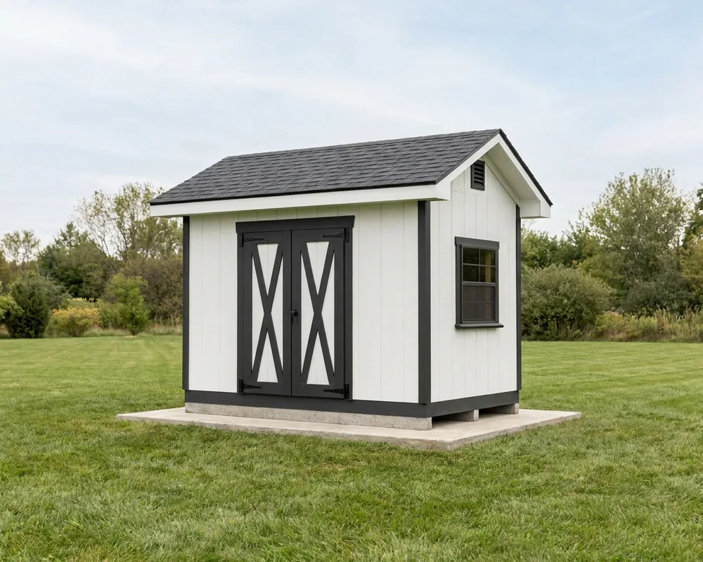 An 8×12 gable shed with a 5′ double door — permit-ready plans