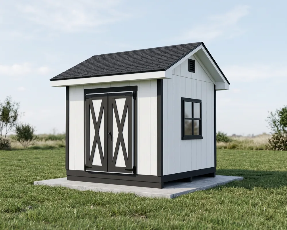A 10×10 gable shed with a 5′ double door — permit-ready plans