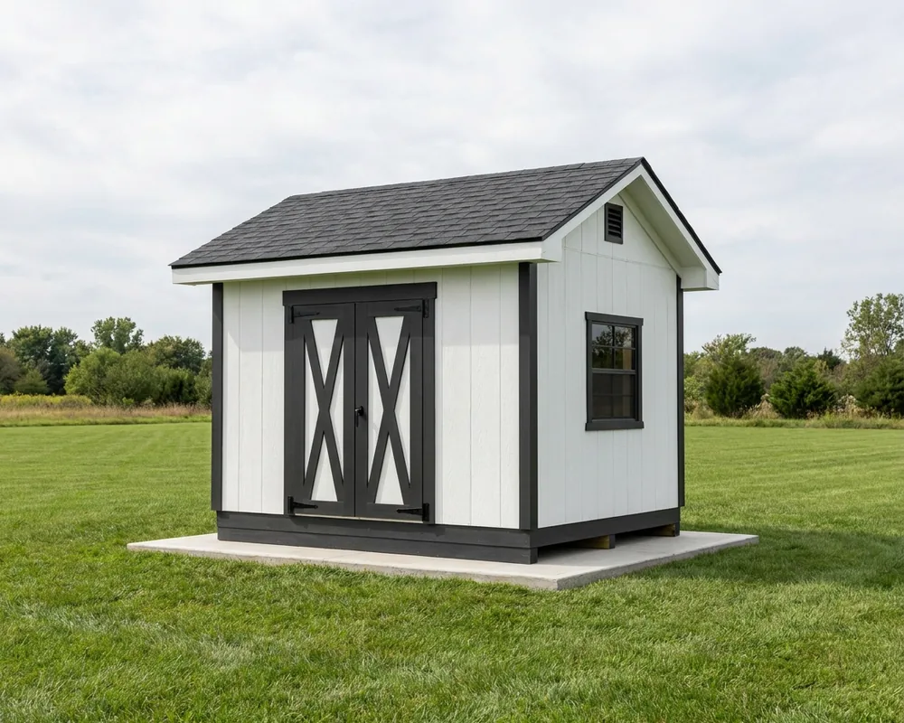 A 10×12 gable shed with a 5′ double door — permit-ready plans