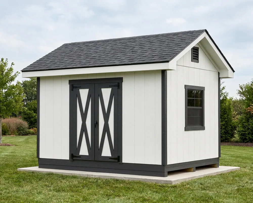 A 10×14 gable shed with a 5′ double door — permit-ready plans