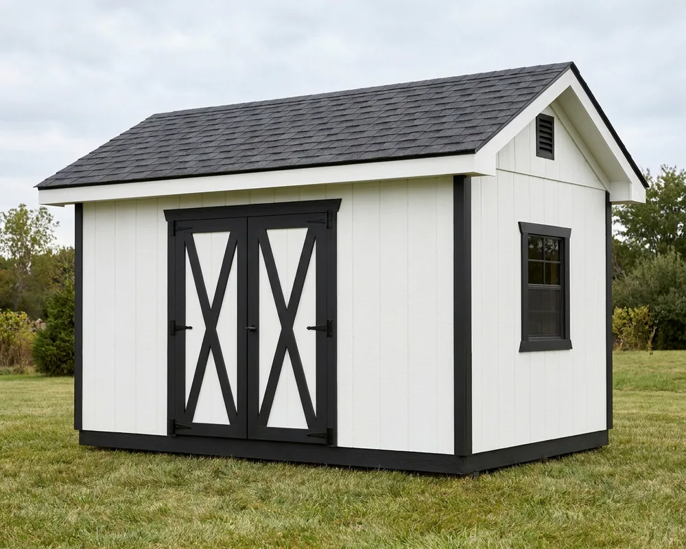 A 10×16 gable shed with a 6′ double door — permit-ready plans