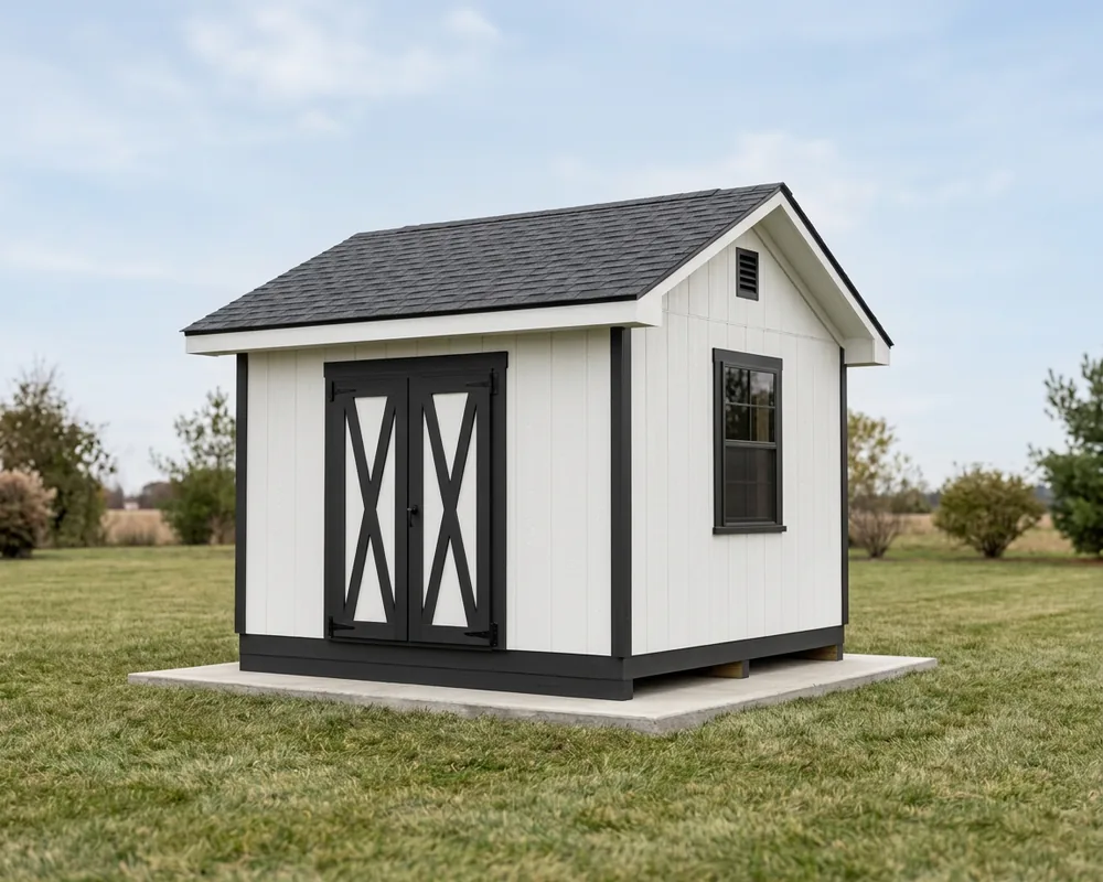 A 12×12 gable shed with a 5′ double door — permit-ready plans