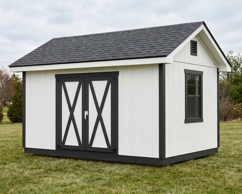 A 12×16 gable shed with a 6′ double door — permit-ready plans