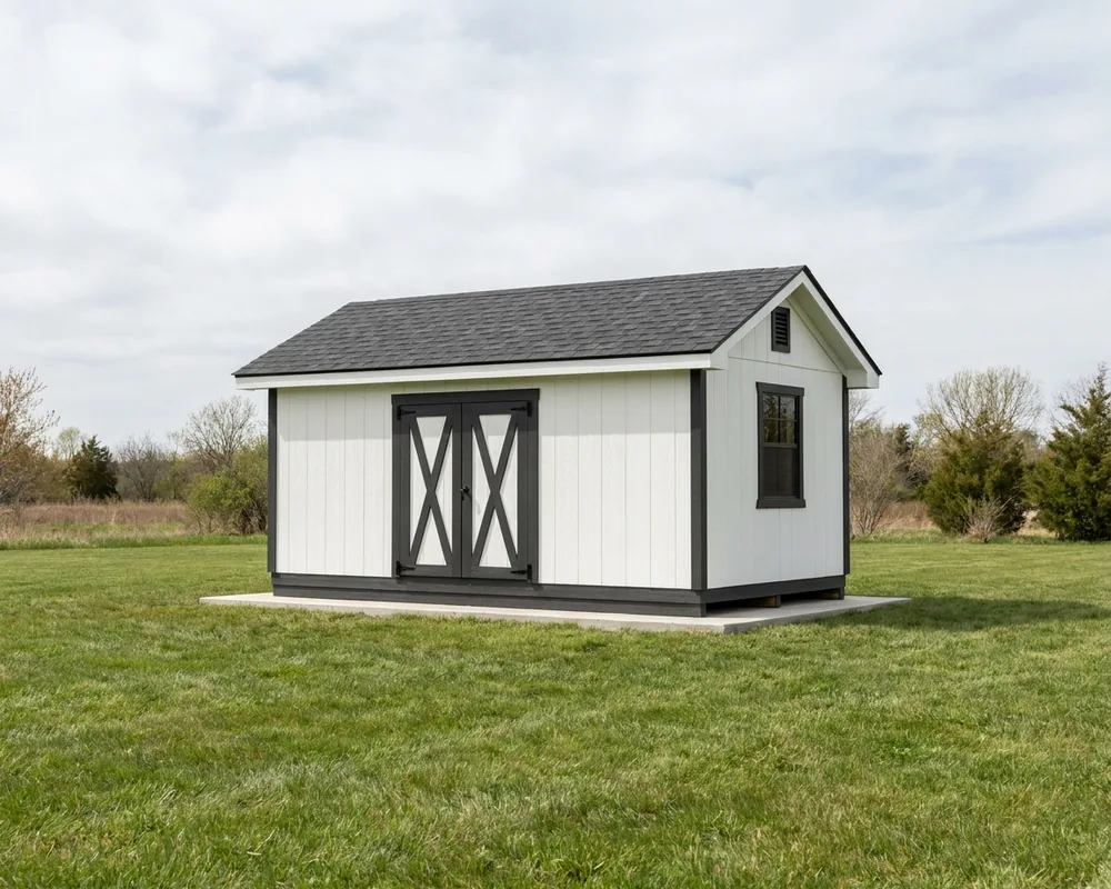 A 12×20 gable shed with a 6′ double door — permit-ready plans