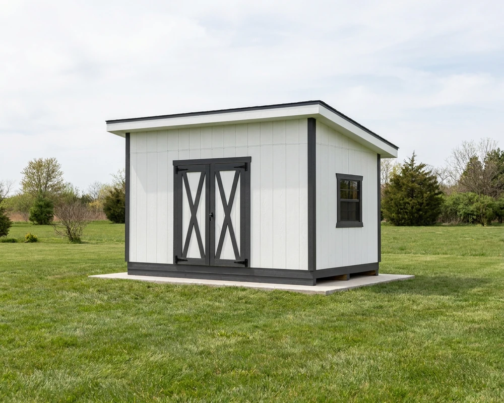 A 10×16 lean-to shed with a 6′ double, 7′ tall door — permit-ready plans